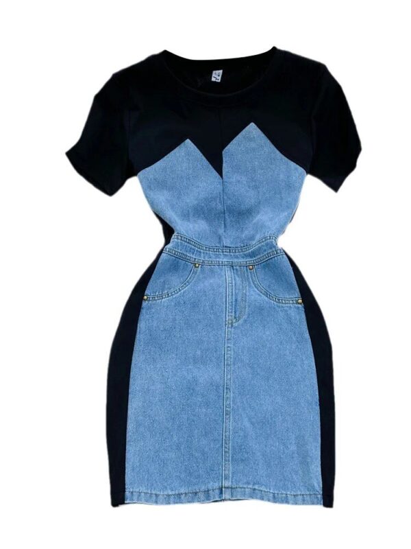 Chic Denim Splice A-Line Dress - Women's Short Sleeve Empire Waist Midi - Image 5