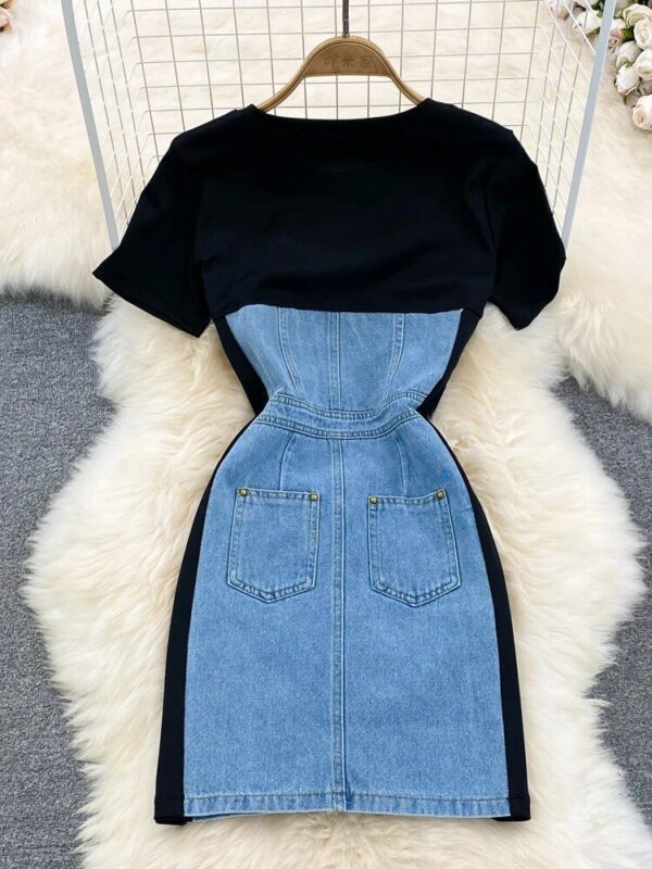 Chic Denim Splice A-Line Dress - Women's Short Sleeve Empire Waist Midi - Image 4