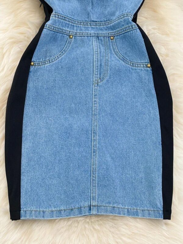 Chic Denim Splice A-Line Dress - Women's Short Sleeve Empire Waist Midi - Image 3