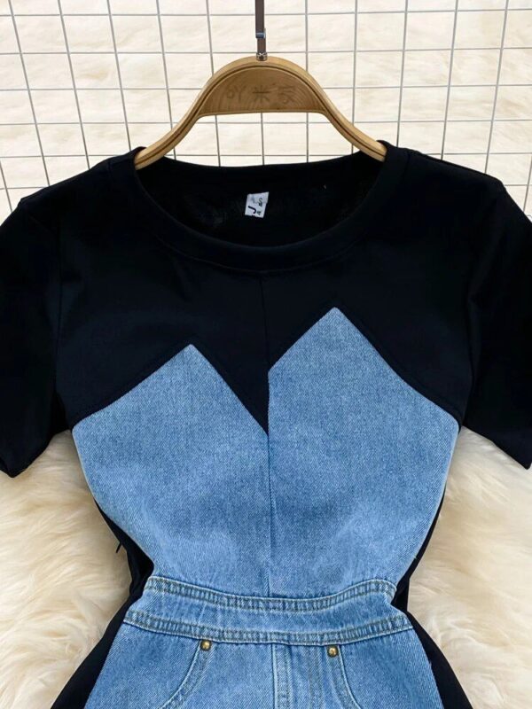 Chic Denim Splice A-Line Dress - Women's Short Sleeve Empire Waist Midi - Image 2