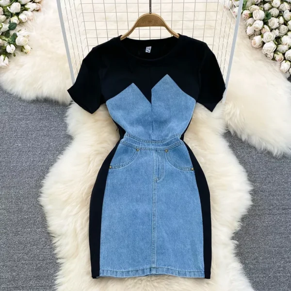 Chic Denim Splice A-Line Dress - Women's Short Sleeve Empire Waist Midi