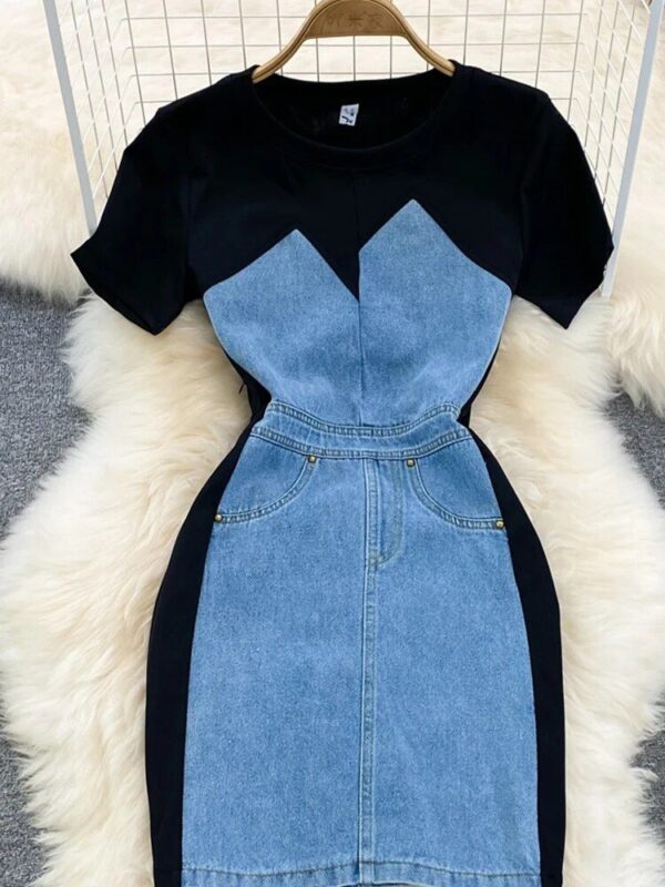Chic Denim Splice A-Line Dress - Women's Short Sleeve Empire Waist Midi - Image 6