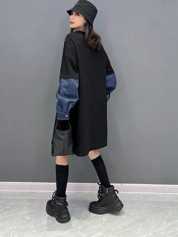 Korean Fashion Denim Patchwork Dress – Knee-Length Streetwear - Image 5