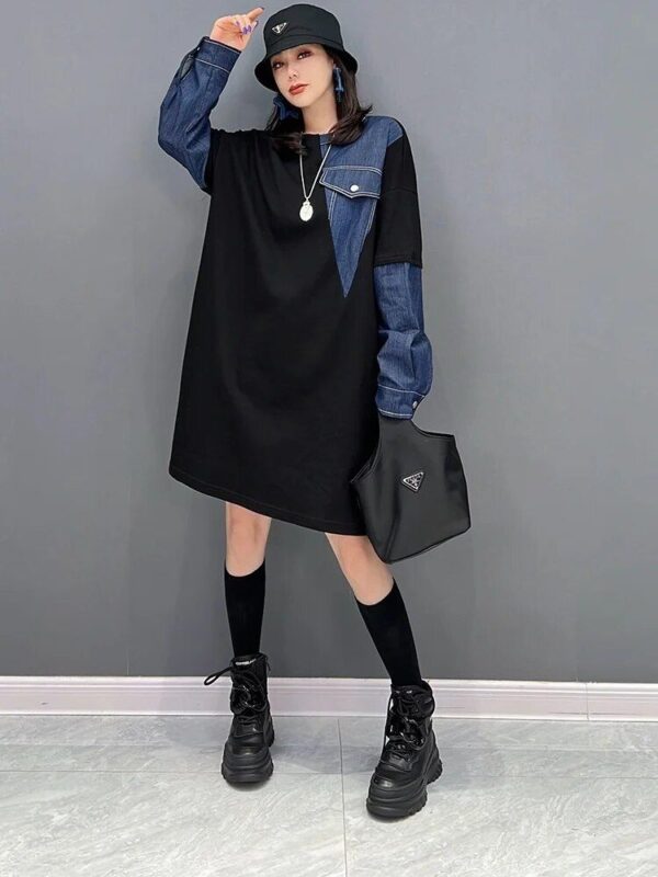 Korean Fashion Denim Patchwork Dress – Knee-Length Streetwear - Image 3