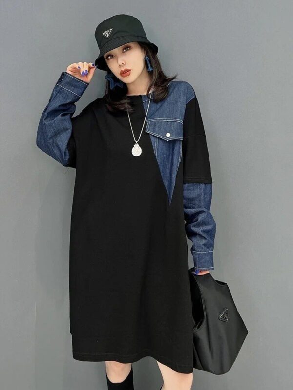 Korean Fashion Denim Patchwork Dress – Knee-Length Streetwear - Image 6