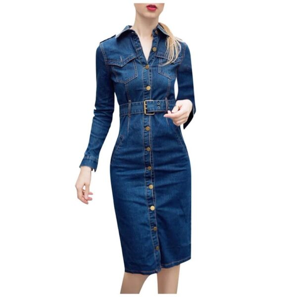 Chic Denim Knee-Length Dress with Belt - Women's Spring & Summer Office Casual - Image 5