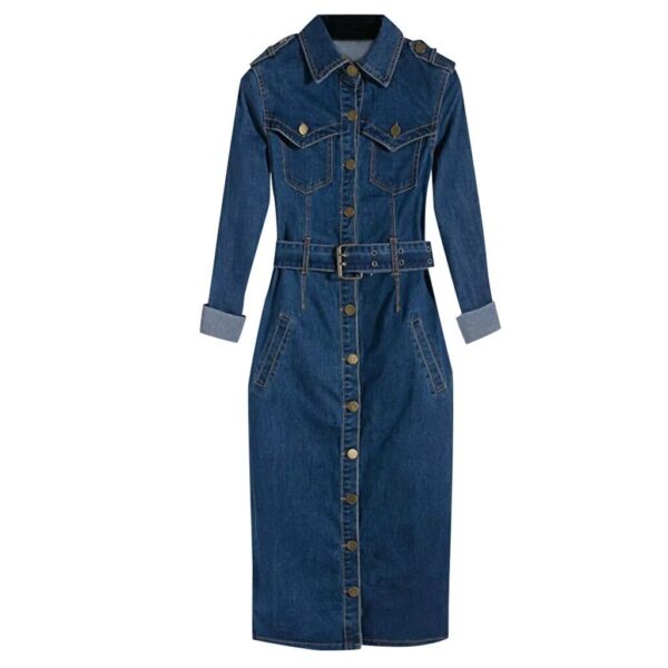 Chic Denim Knee-Length Dress with Belt - Women's Spring & Summer Office Casual - Image 6