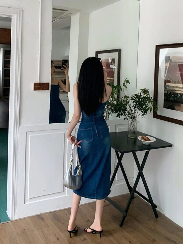 Summer Chic Denim Sheath Dress - Strapless Sleeveless Midi Dress - Image 5