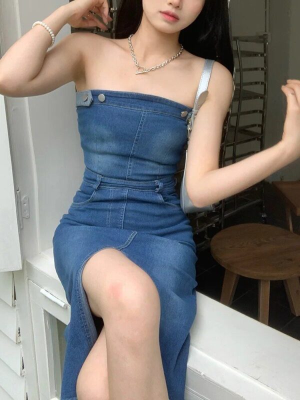 Summer Chic Denim Sheath Dress - Strapless Sleeveless Midi Dress - Image 4