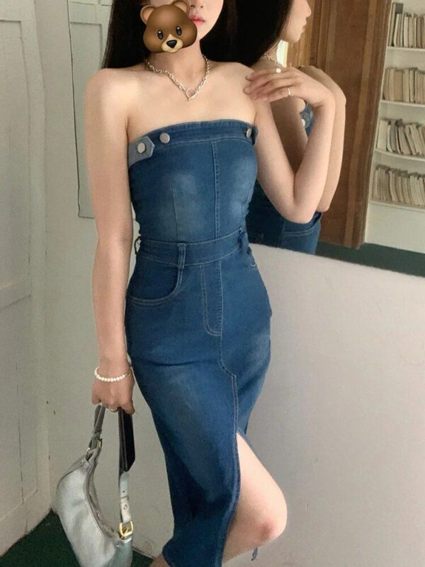 Summer Chic Denim Sheath Dress - Strapless Sleeveless Midi Dress - Image 6