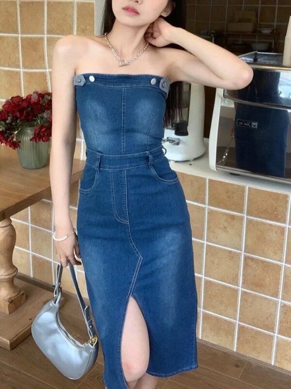 Summer Chic Denim Sheath Dress - Strapless Sleeveless Midi Dress - Image 7