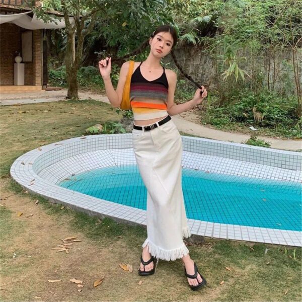 High-Waist Tassel Denim Long Skirt - Image 7