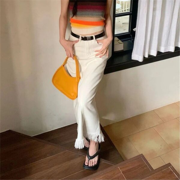 High-Waist Tassel Denim Long Skirt - Image 6