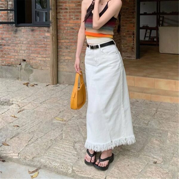 High-Waist Tassel Denim Long Skirt