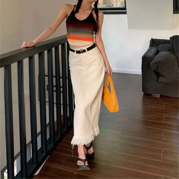 High-Waist Tassel Denim Long Skirt - Image 5