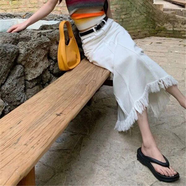 High-Waist Tassel Denim Long Skirt - Image 3
