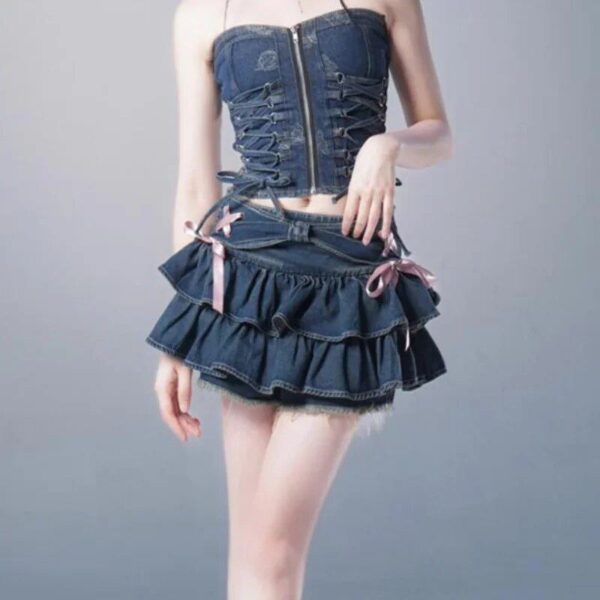 Y2K Ruffle Denim Mini Skirt | Cute A-line Jean Skirt with Elastic Waist - Image 3