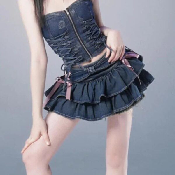 Y2K Ruffle Denim Mini Skirt | Cute A-line Jean Skirt with Elastic Waist - Image 4