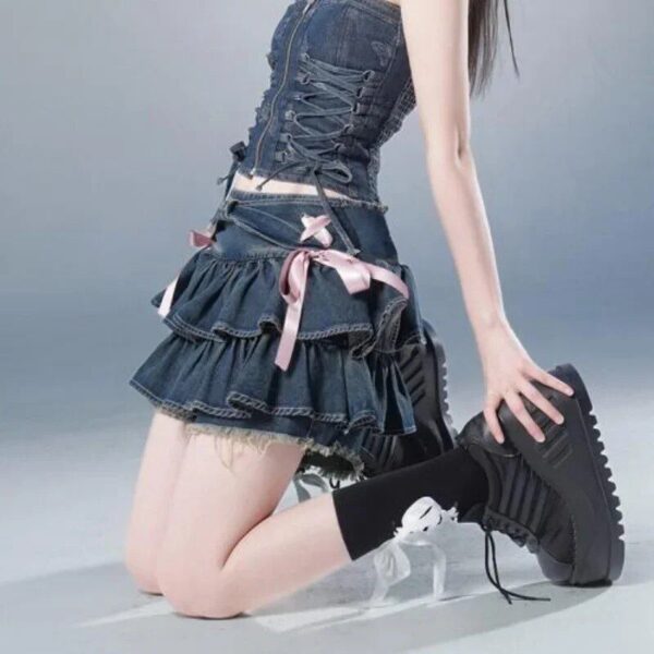 Y2K Ruffle Denim Mini Skirt | Cute A-line Jean Skirt with Elastic Waist - Image 7