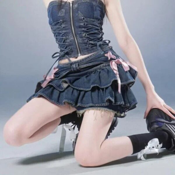 Y2K Ruffle Denim Mini Skirt | Cute A-line Jean Skirt with Elastic Waist - Image 5