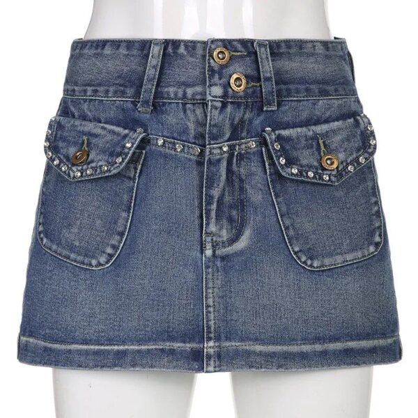 High-Waist Diamond-Pocket Vintage Denim Mini Skirt - A-Line Slim Fit - Image 6