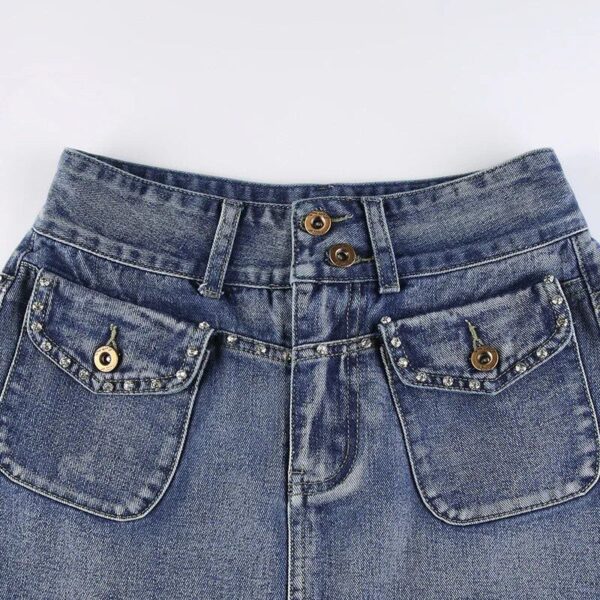 High-Waist Diamond-Pocket Vintage Denim Mini Skirt - A-Line Slim Fit - Image 7