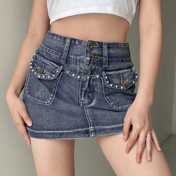 High-Waist Diamond-Pocket Vintage Denim Mini Skirt - A-Line Slim Fit - Image 4