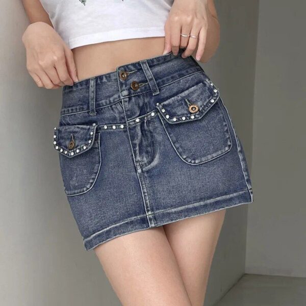 High-Waist Diamond-Pocket Vintage Denim Mini Skirt - A-Line Slim Fit - Image 5