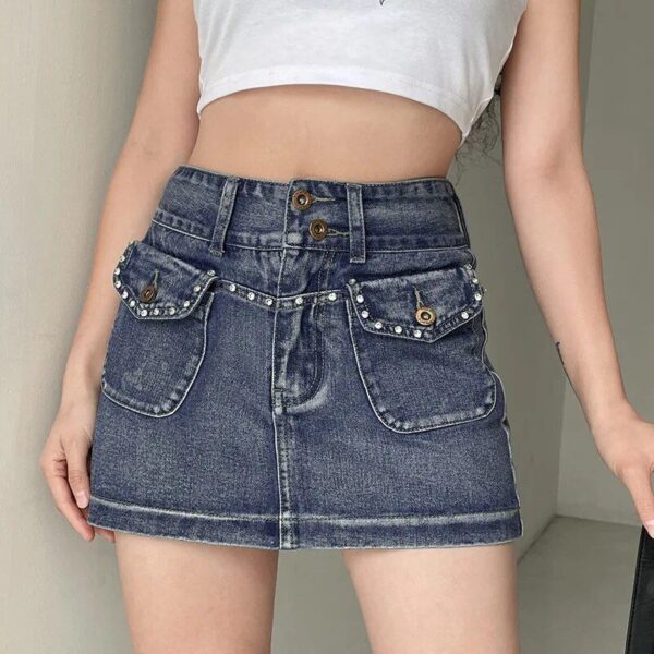 High-Waist Diamond-Pocket Vintage Denim Mini Skirt - A-Line Slim Fit - Image 2