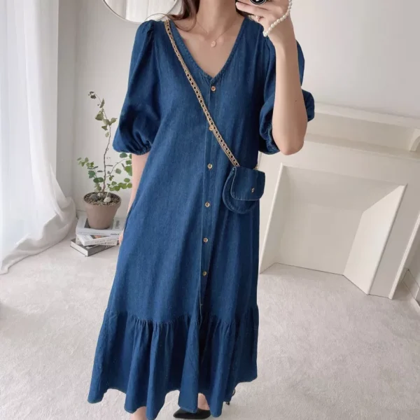 Summer Breeze Vintage Denim Midi Dress - Women's Ruffle V-Neck Sundress