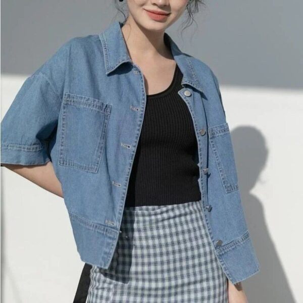 Women's Vintage Cropped Denim Shirt - Summer Chic Short Sleeve Top - Image 2