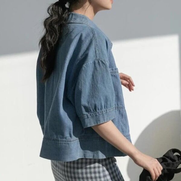 Women's Vintage Cropped Denim Shirt - Summer Chic Short Sleeve Top - Image 3