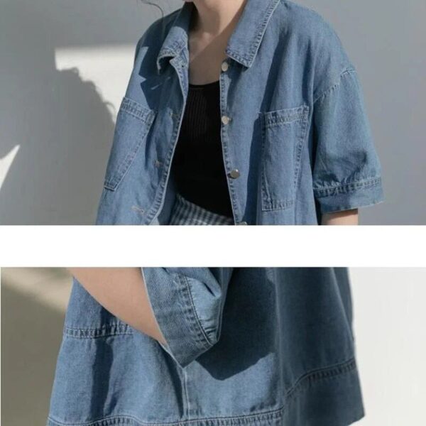 Women's Vintage Cropped Denim Shirt - Summer Chic Short Sleeve Top - Image 6