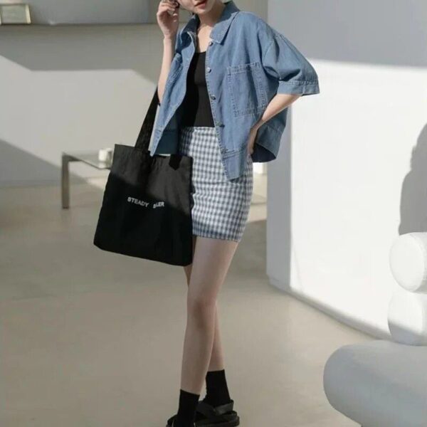 Women's Vintage Cropped Denim Shirt - Summer Chic Short Sleeve Top - Image 5