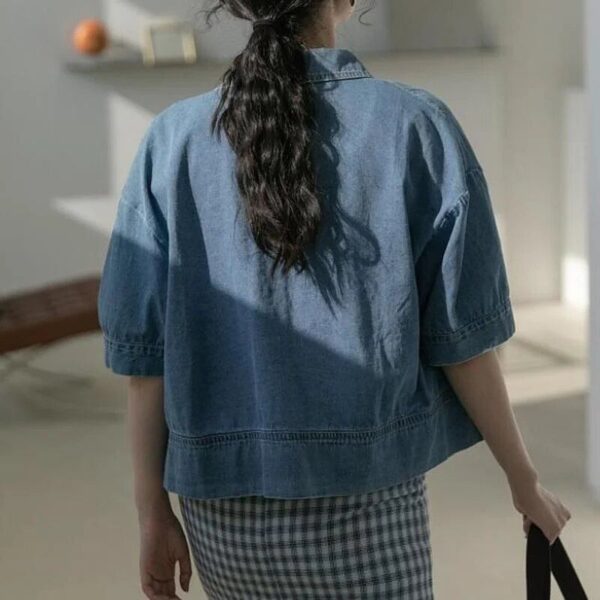 Women's Vintage Cropped Denim Shirt - Summer Chic Short Sleeve Top - Image 4