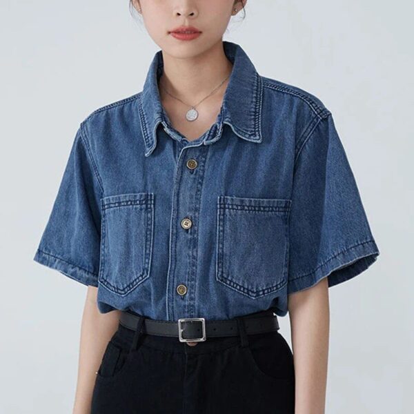 Summer Denim Blouse for Women: Casual Short Sleeve Button-Up Shirt - Image 3