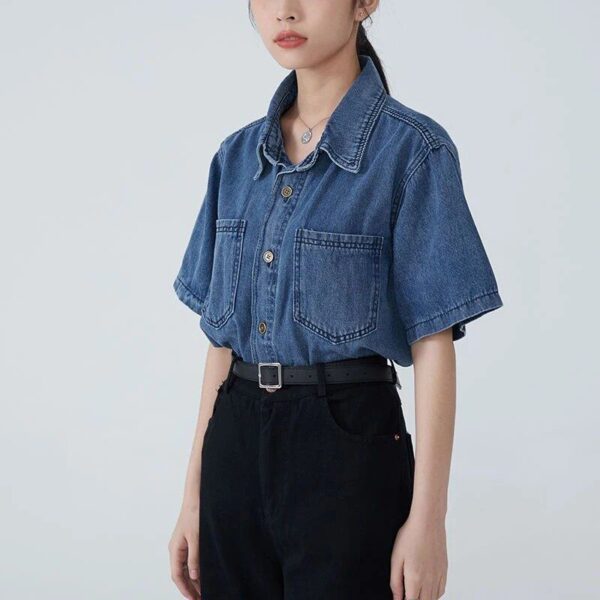Summer Denim Blouse for Women: Casual Short Sleeve Button-Up Shirt - Image 5