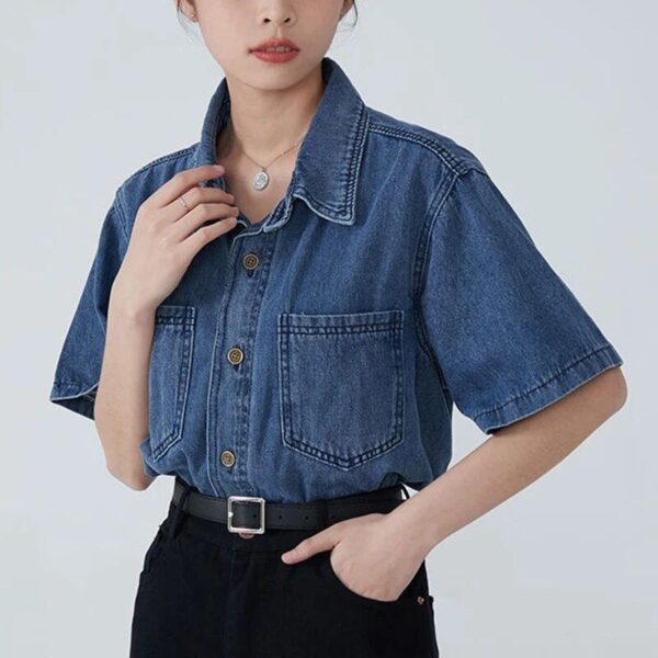 Summer Denim Blouse for Women: Casual Short Sleeve Button-Up Shirt - Image 4