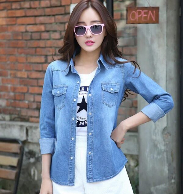 Women's Slim-Fit Denim Shirt with Pearl Buttons - Image 5