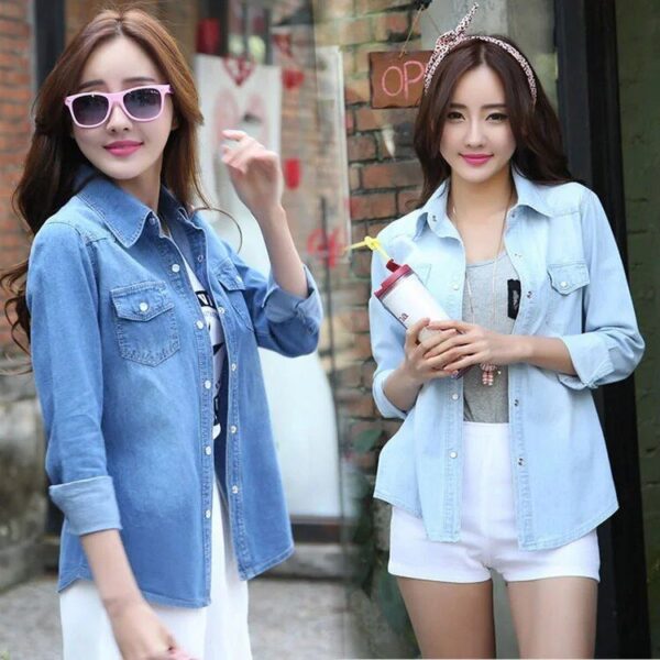 Women's Slim-Fit Denim Shirt with Pearl Buttons - Image 6