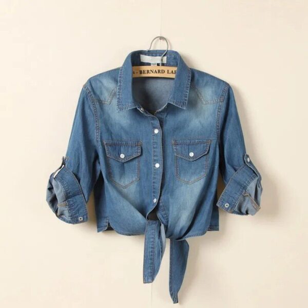 Summer Chic Denim Crop Top - Women's Slim-Fit Short Sleeve Shirt - Image 3