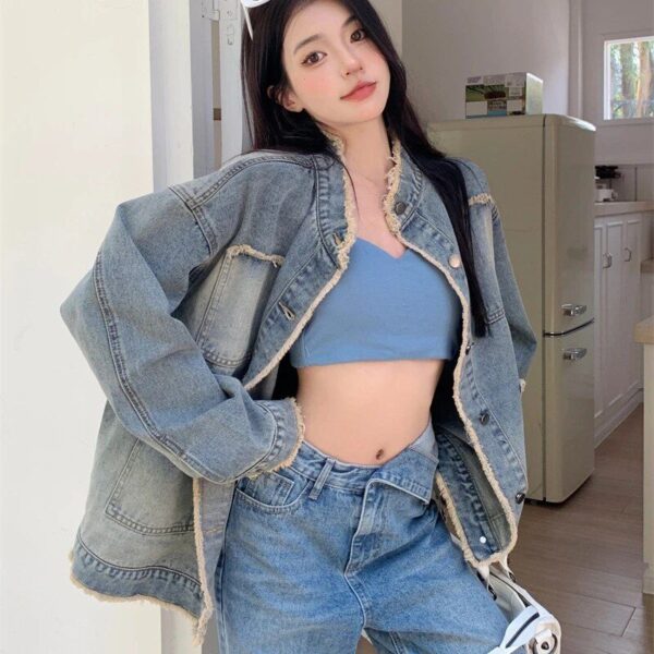Casual Chic Ragged Denim Jacket - Women's Retro-Inspired Outerwear - Image 2