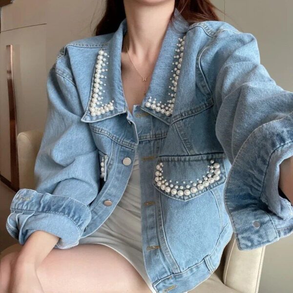 Beaded Denim Charm Jacket - Women's Short Casual Coat for Spring/Autumn - Image 5
