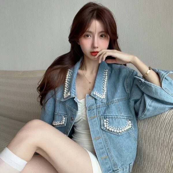 Beaded Denim Charm Jacket - Women's Short Casual Coat for Spring/Autumn - Image 6