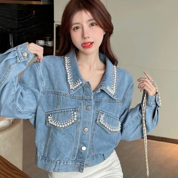 Beaded Denim Charm Jacket - Women's Short Casual Coat for Spring/Autumn - Image 4