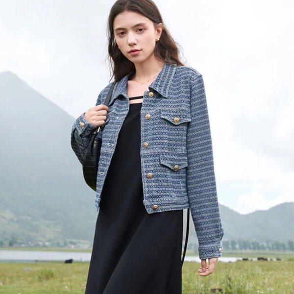 Luxury Textured Denim Jacket – Women's Retro Polo Collar Fashion Coat - Image 3