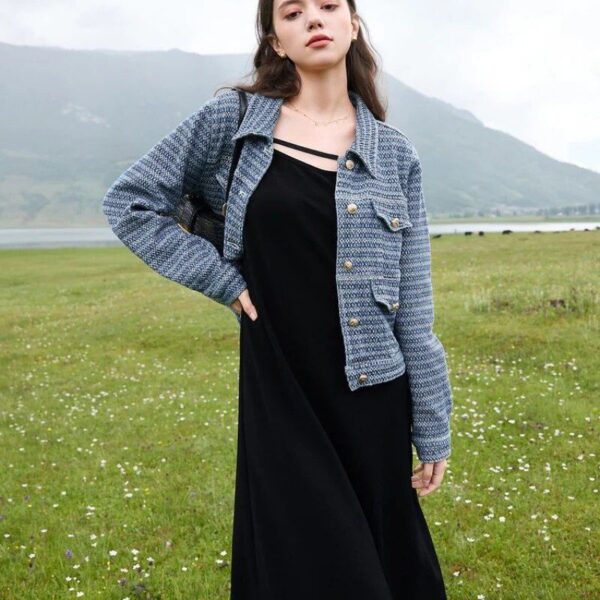 Luxury Textured Denim Jacket – Women's Retro Polo Collar Fashion Coat - Image 2