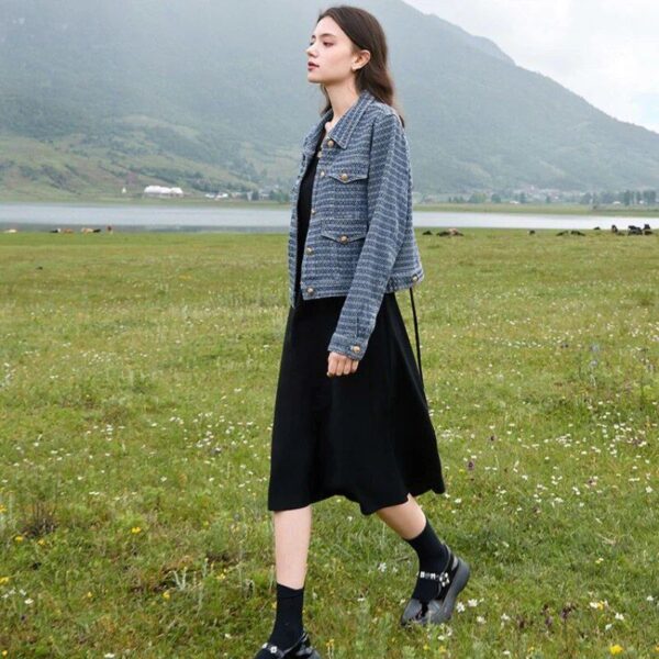 Luxury Textured Denim Jacket – Women's Retro Polo Collar Fashion Coat - Image 4