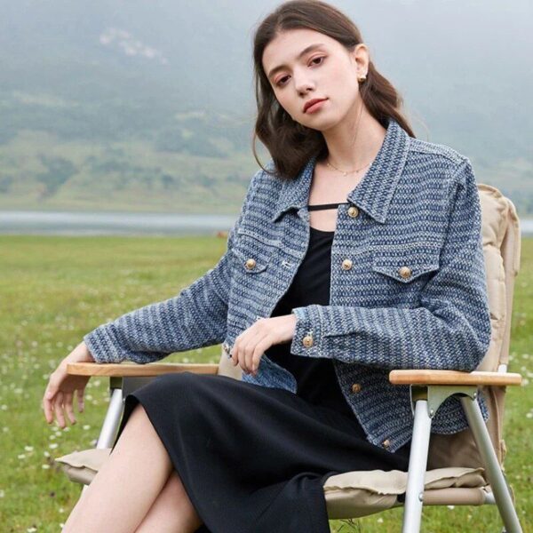 Luxury Textured Denim Jacket – Women's Retro Polo Collar Fashion Coat - Image 6