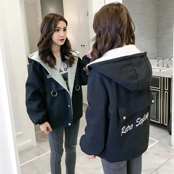 Women's Winter Velvet Denim Jacket with Embroidery and Hood - Image 3